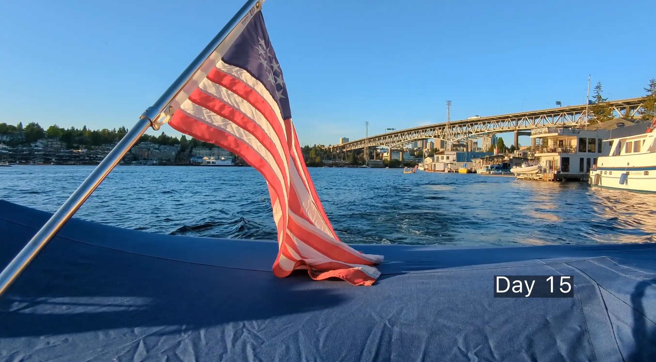 Boat flag view with Lake Washington in background