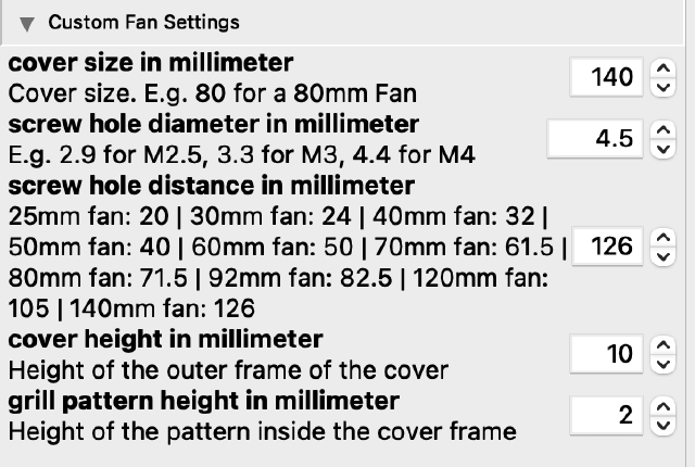 SCAD settings for filter and fan setup